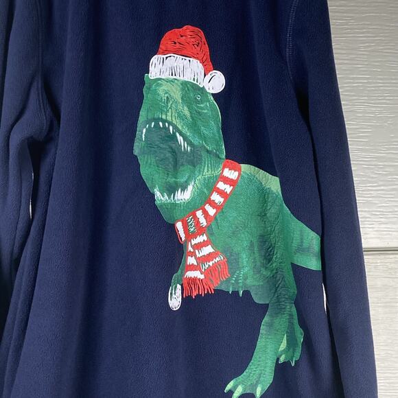Lands End Christmas Dinosaur Pajama Top Boys Size 12 Sleep Wear Fleece Navy Blue - Picture 2 of 3
